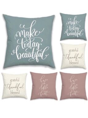 NWT 6 Graphic Inspirational Ivory Green Pink Reversible Pillow/Cushion Covers Pa